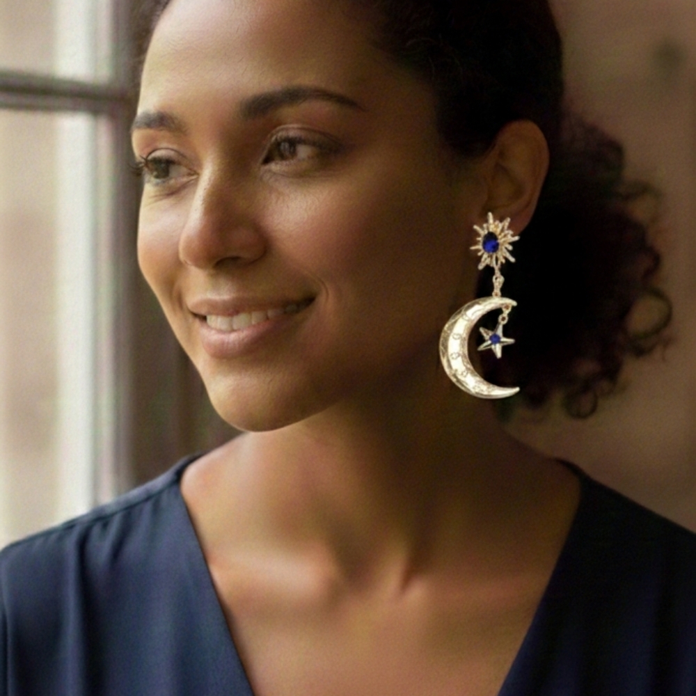 Golden Silvery Star and Moon Earrings